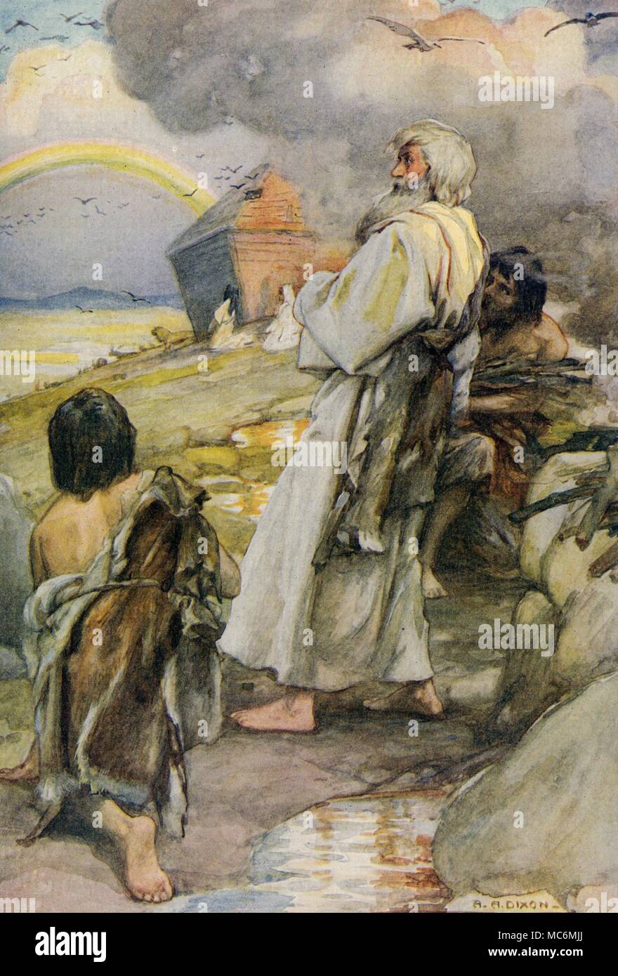 CHRISTIAN - OLD TESTAMENT - JEWISH MYTH - THE ARK 'Noah and his family come out of the ark' - where they witness the rainbow, as promise of the Lord. Illustration by Arthur Dixon for Theodora W. Wilson, The Old Testament Story, 1926. Stock Photo