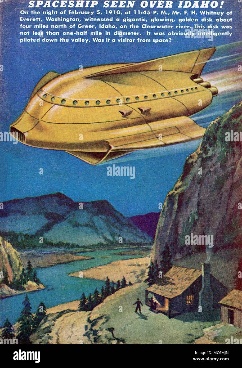 UFOS - SPACESHIP OVER IDAHO Artwork by James Settles, of UFO Spaceship, seen over Idaho, on 5 February 1910, by F.H Whitney of Everett, Washington. Whitney witnessed a gigantic, glowing golden disk, about four miles north of Greer, on the Clearwater river. The disk was not less than one-half a mile in diameter. From back cover of Amazing Stories, Vol. 22, No. 1, January 1948. Stock Photo