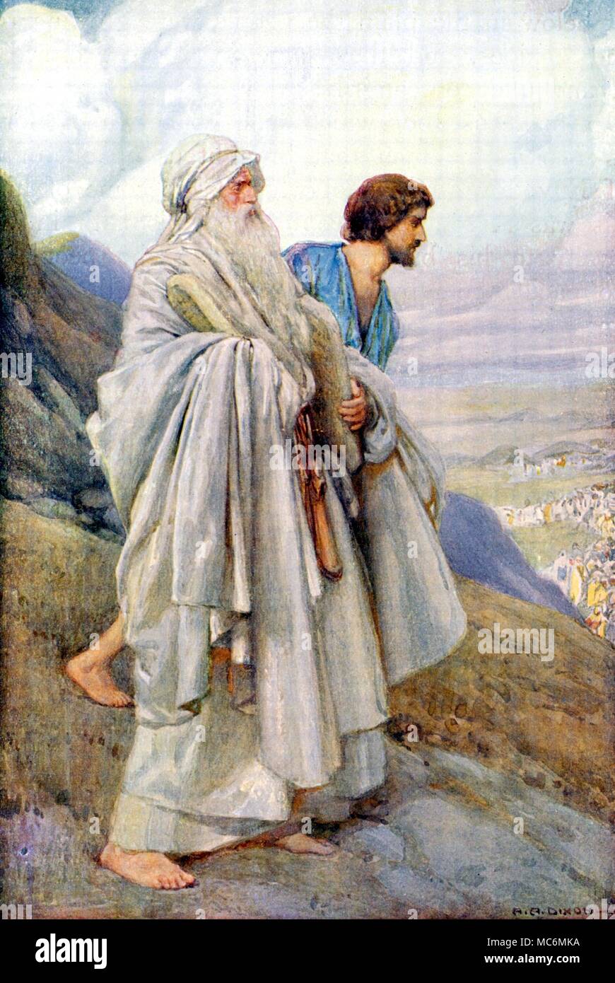 CHRISTIAN - OLD TESTAMENT - JEWISH MYTH - LAW TABLETS 'Moses and Joshua descending from the Mount' - Moses is carrying the two tablets upon which are inscribed the Ten Commandments. Illustration by Arthur Dixon for Theodora W. Wilson, The Old Testament Story, 1926. Stock Photo