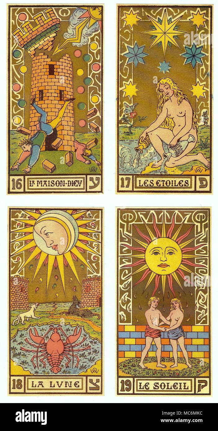 TAROT - OSWALD WIRTH DECK The second, revised and coloured Tarot deck designed by the French arcanist, Oswald Wirth. This is essentially a more decorative treatment of his earlier deck, the so-called first Tarot deck (also in the Charles Walker Collection), produced as black and white drawings, in 1889. This second Tarot deck was published both in line and colour. The present deck, reproduced here, was made for cartomantic purposes from copies of the beautiful colour plates that Wirth published in, Le Tarot des Imagiers du Moyen Age, 1927. This was not originally a deck of cards, but a se Stock Photo