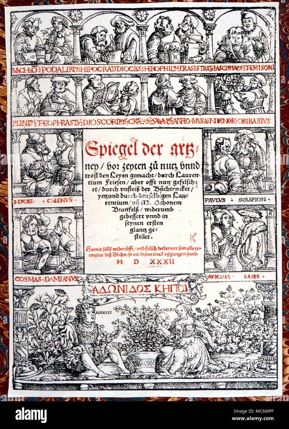 Medical. title page from 'Spiegel der Artzney...'' by Fries, Lorenz and Otto Brunfels. 1532 ' Stock Photo