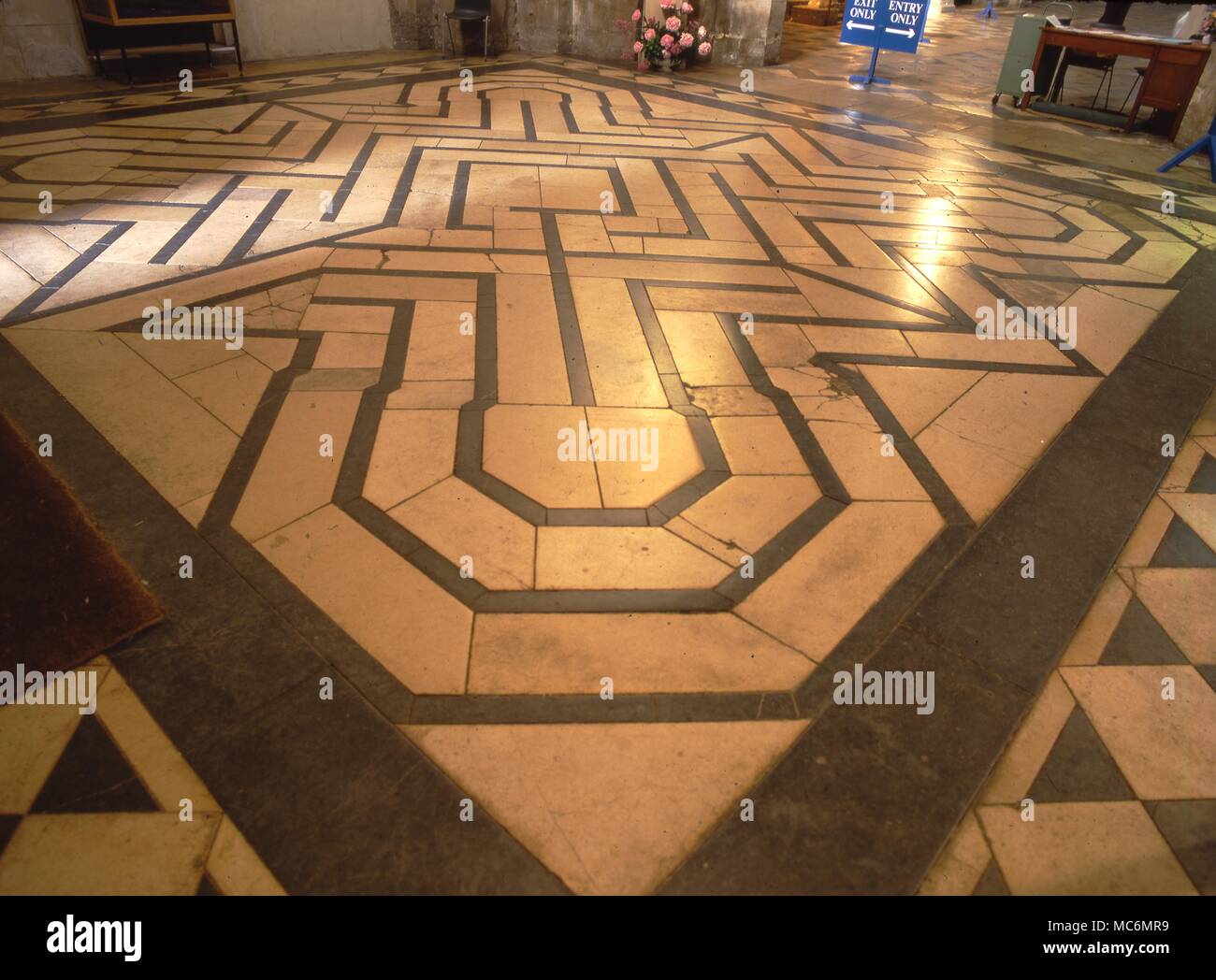 The maze in the marble floor of the West tower of Ely Cathedral.c.14th century Stock Photo