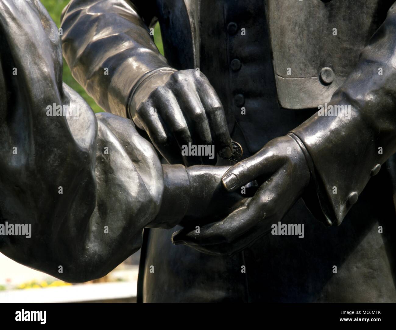 Mormons. Statue of Joseph Smith and his wife in the Temple Square, Salt Lake City. The detail shows Smith handing his wife a coin in token of fidelity. Stock Photo