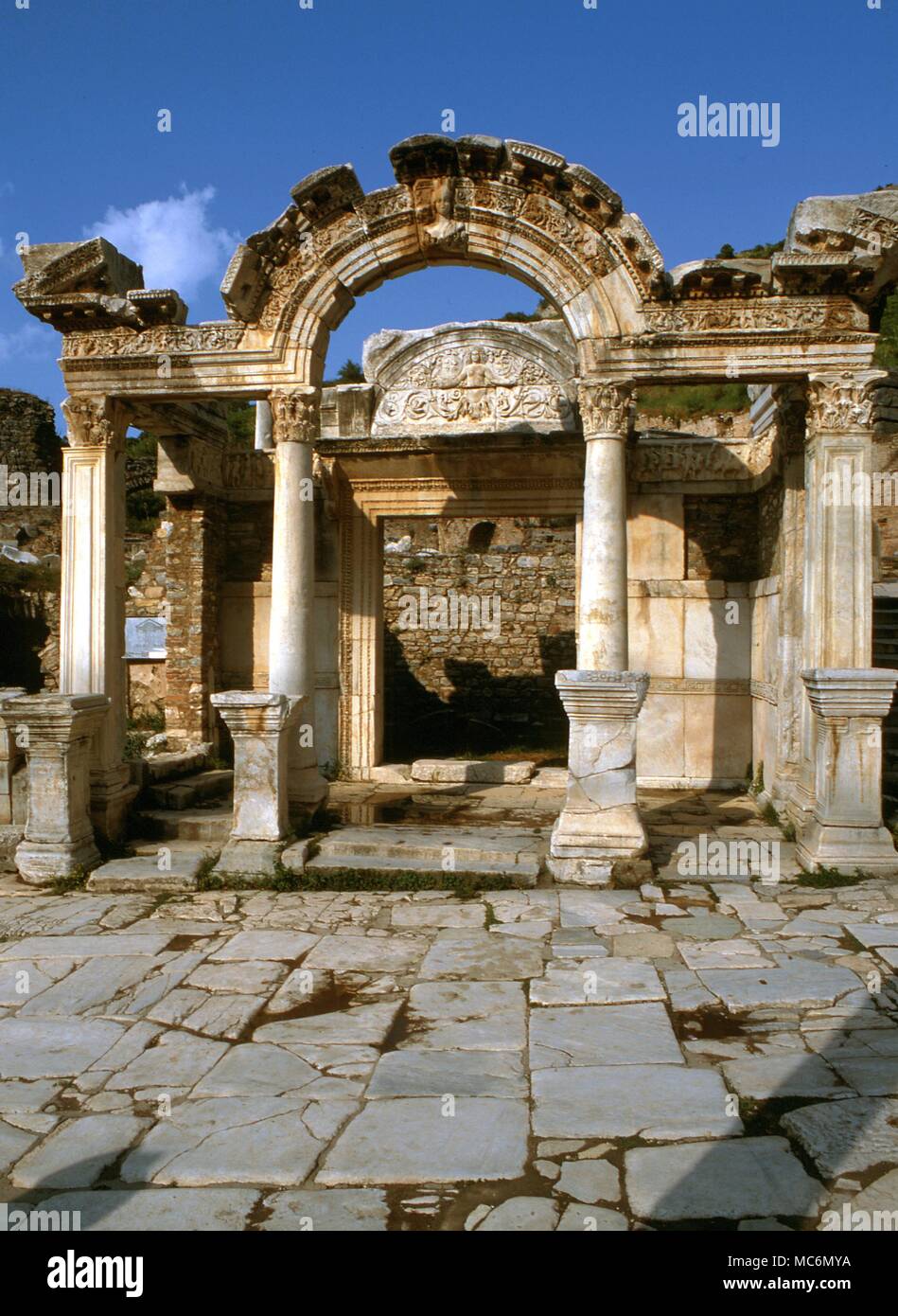 Remains of the so-called Temple of Hadrian on the sacred way at Ephesus, Turkey. Stock Photo