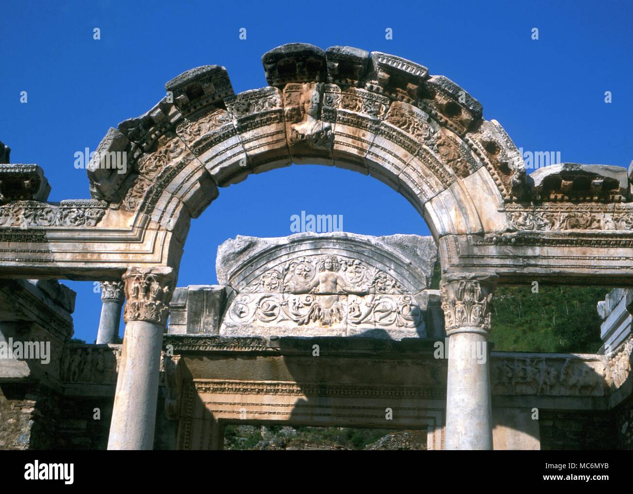 Remains of the so-called Temple of Hadrian on the sacred way at Ephesus, Turkey. Stock Photo