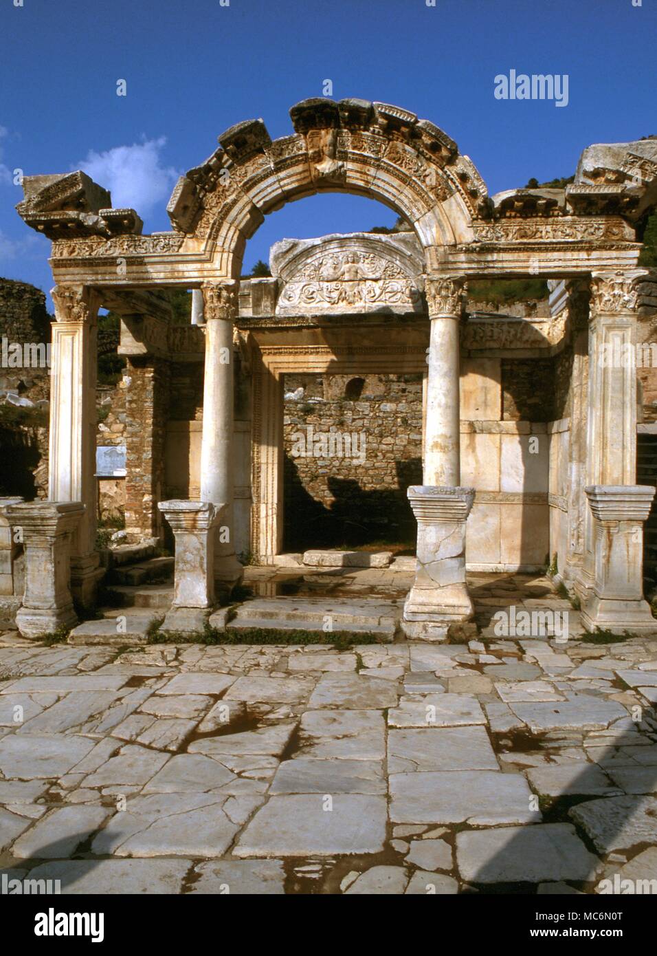 Remains of the so-called Temple of Hadrian on the sacred way at Ephesus, Turkey. Stock Photo