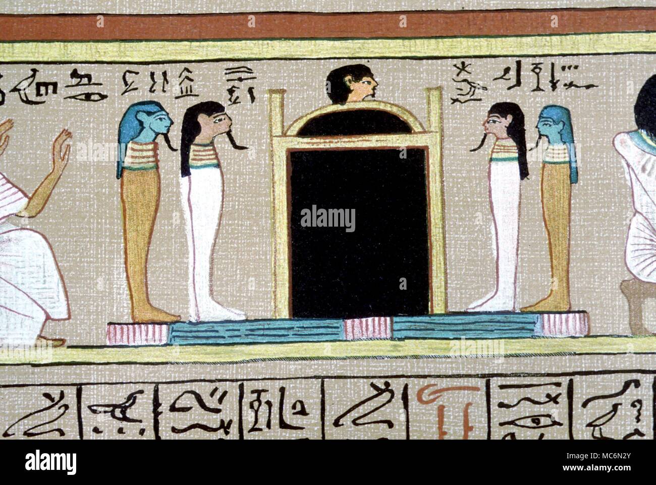 Egyptian Myth - Osiris in the Tomb The god Osiris in the tomb, guarded by the four sons of Horus. This is typical resurrectional image from the initiation mysteries. From the Hunefer papyrus of the 'Egyptian Book of The Dead' Stock Photo