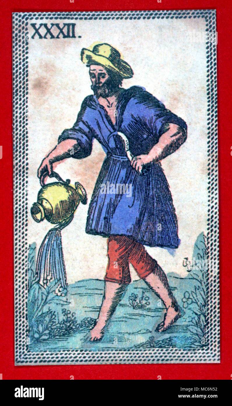Zodiac Sign Aquarius Image of Aquarius the water pourer pouring the mystic waters to fecundate the earth. From an eighteenth century Italian Tarocchi pack which incorporates zodiacal and elemental images Stock Photo