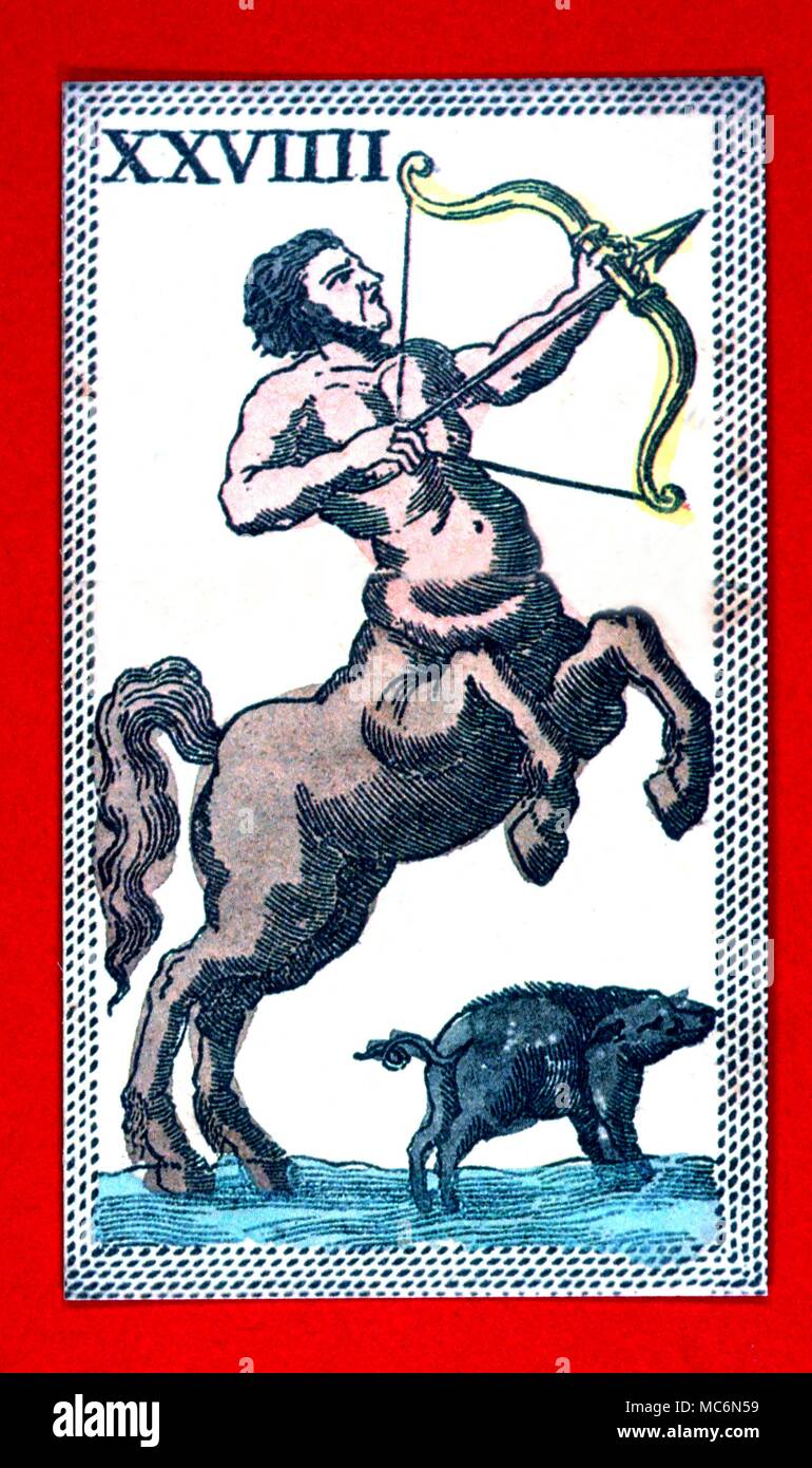 Zodiac Signs Sagittarius The horse man with bow from eighteenth century Italian tarocchi pack Stock Photo