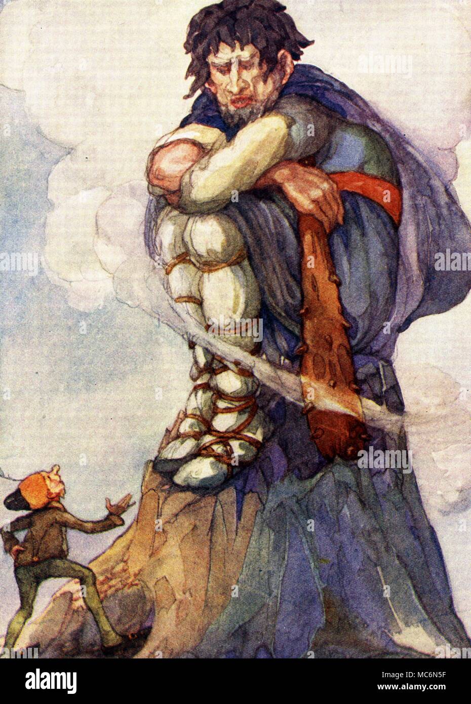 Fairy Stories The Giant When he reached the highest point he found a great giant by Anne Anderson for The Valiant Little Tailor 1933 edition Stock Photo