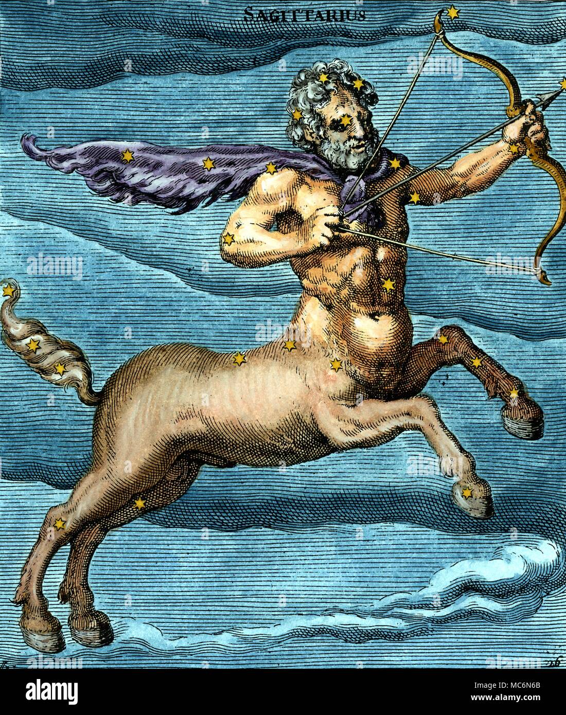 Constellations Sagittarius Eighteenth century hand coloured engraving of constellational Sagittarius the horse man based on the illumination in the 9th century Aratea manuscript in Leiden which is itself based on the Latin translation of the original Greek of Aratus written in the first century of our era. Aratus was born in about 315 BC in Soli on the south coast of present Turkey and is said to have written his phaenomena for the ruler of Macedonia Antigonus Gonatas Stock Photo