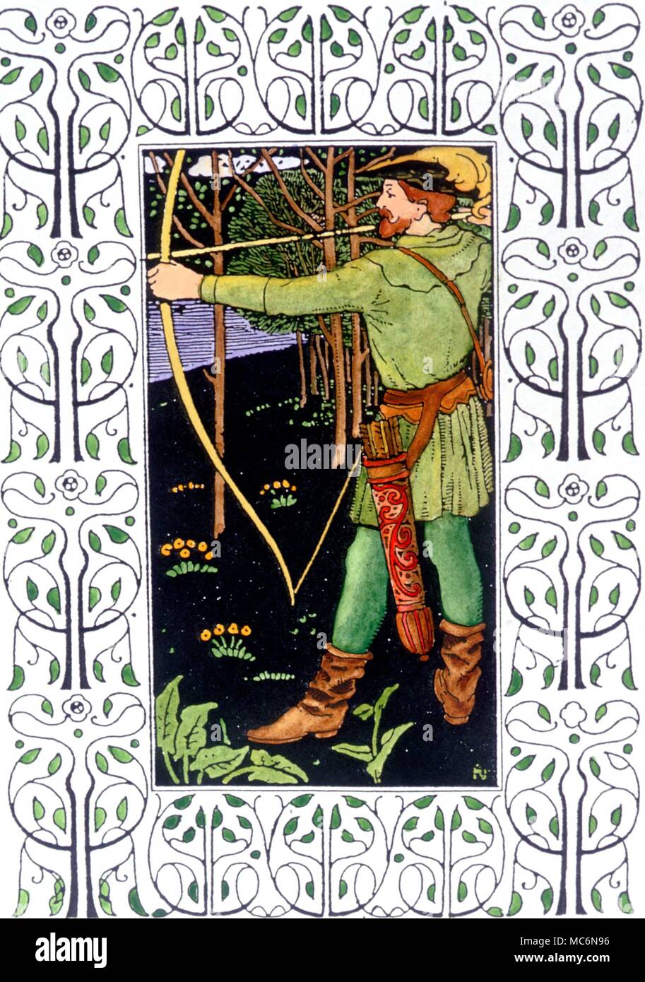 Robin Hood Portrayal of Robin Hood in Lincoln Green Illustration of circa 1905 Stock Photo