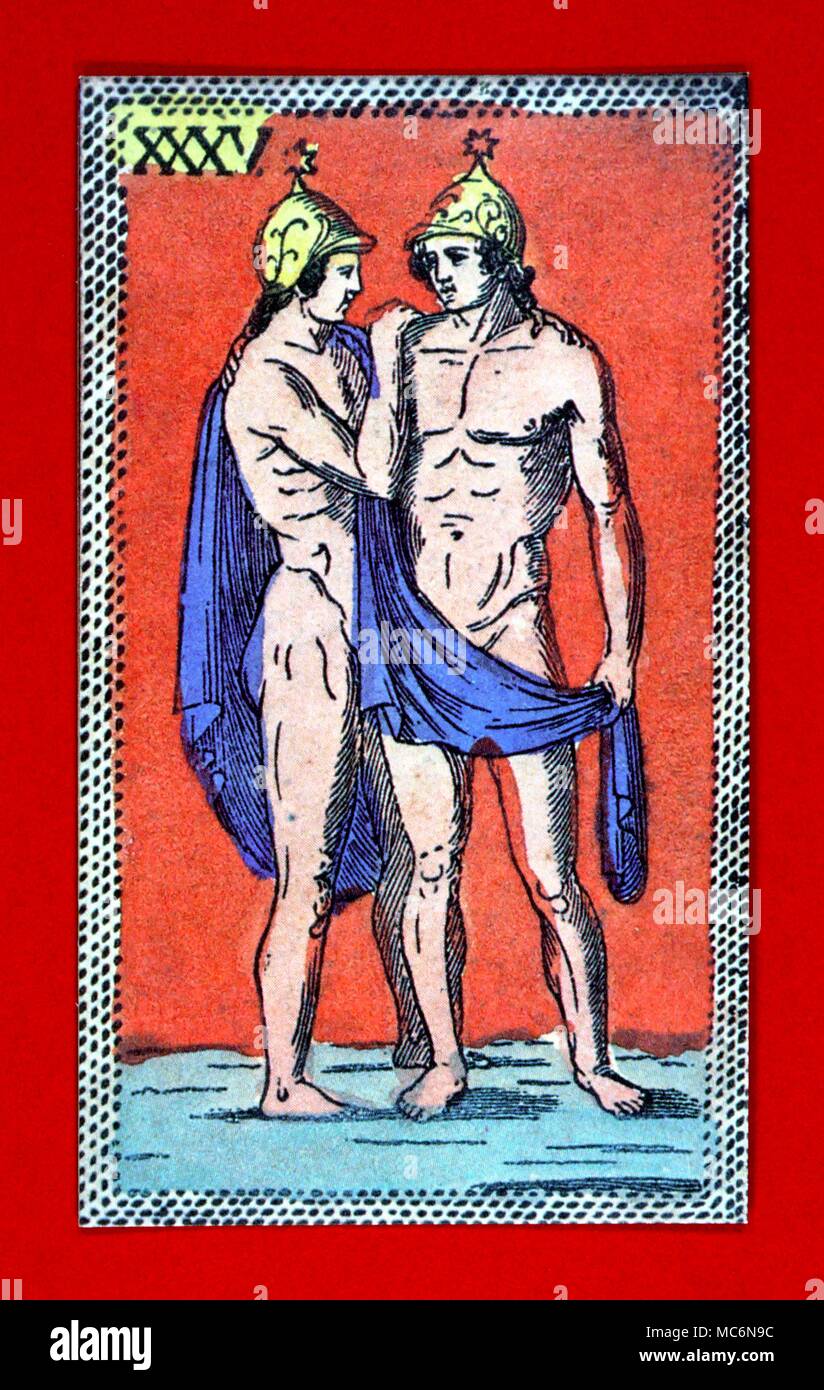 Zodiacal Signs Gemini The twins of Gemini garbed in Roman gear to suggest that they are Romulus and Remus From an eighteenth century Italian Tarocchi pack which incorporates zodiacal and elemental images Stock Photo