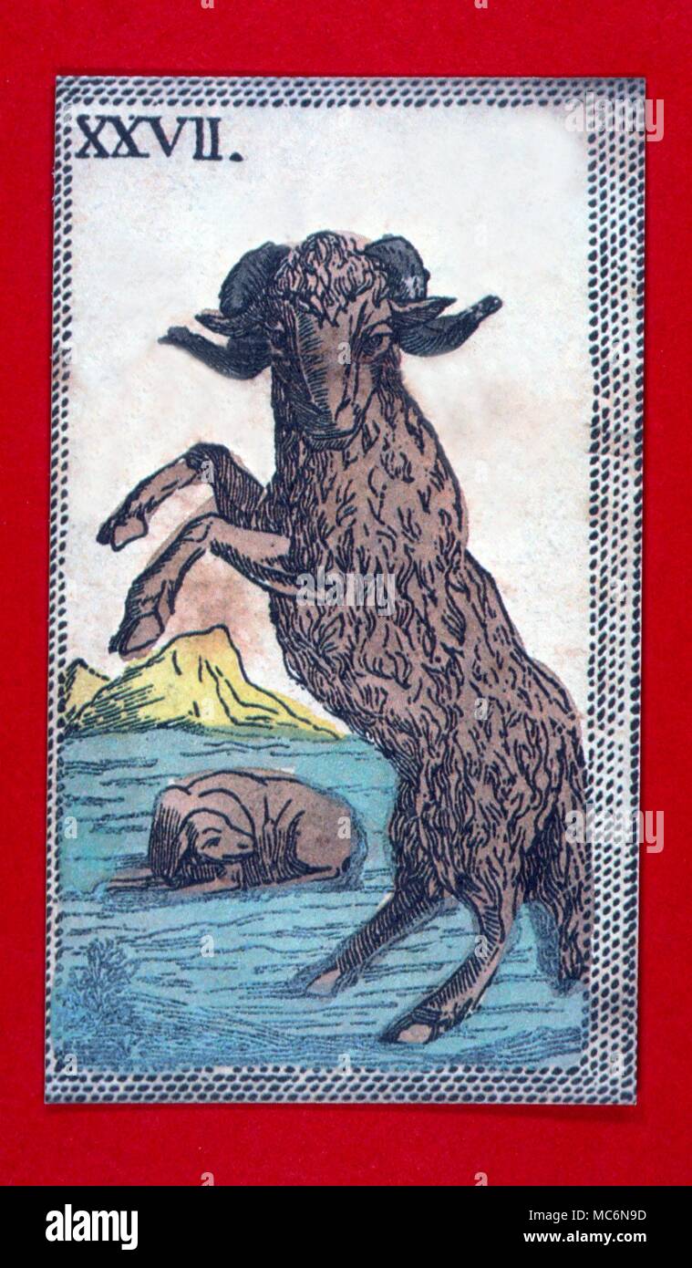 Zodiacal Signs Aries Aries the Ram rearing in belligerence to show his affliation with Mars. From an eighteenth century Italian Tarocchi pack which incorporates zodiacal and elemental images Stock Photo