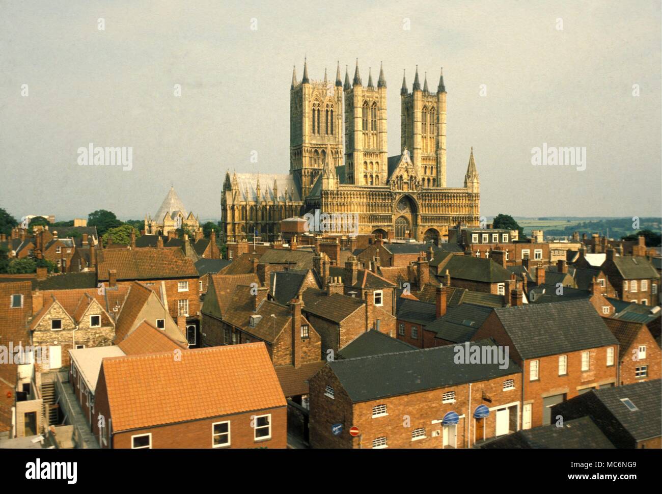 Lincoln Cathedral the third largest in England completed circa 1092 but partly rebuilt after earthquake in 1192. A contemporanious copy of the Magna Carta is preserved in the Wren's Library Stock Photo