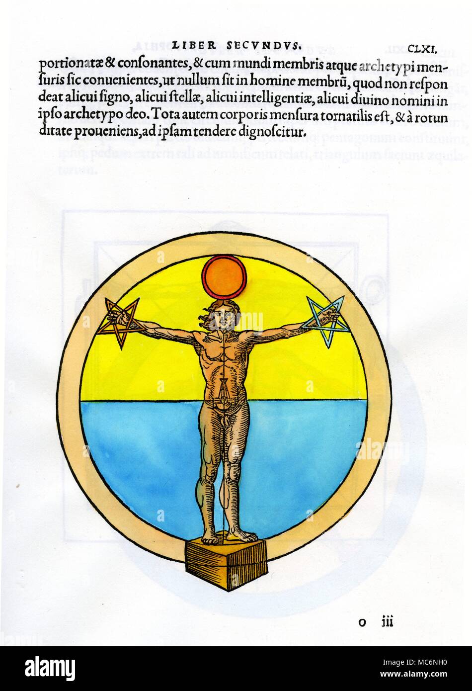 Magic cabbalistic figure of androgyne with outstretched arms, holding in each hand a five-pointed figure, with a circle over the head, and standing upon a cube, the whole figure encircled. Exoterically, a study of Man's proportions and harmonies. From Cornelius Agrippa, 'De Occulta Philosophia' [1533]. Stock Photo