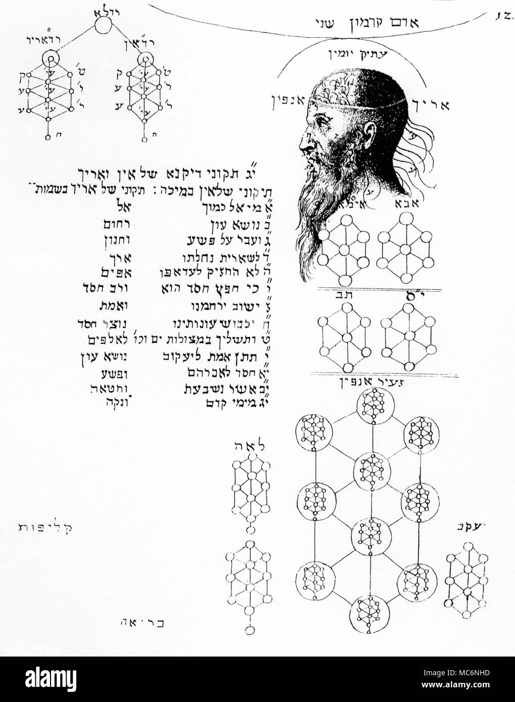 Page from C. Knorr von Rosenroth, 'Kabbala denudata [1684], depicting ADam Kadmon, and a number of arrangements of the sephirothic tree. Stock Photo