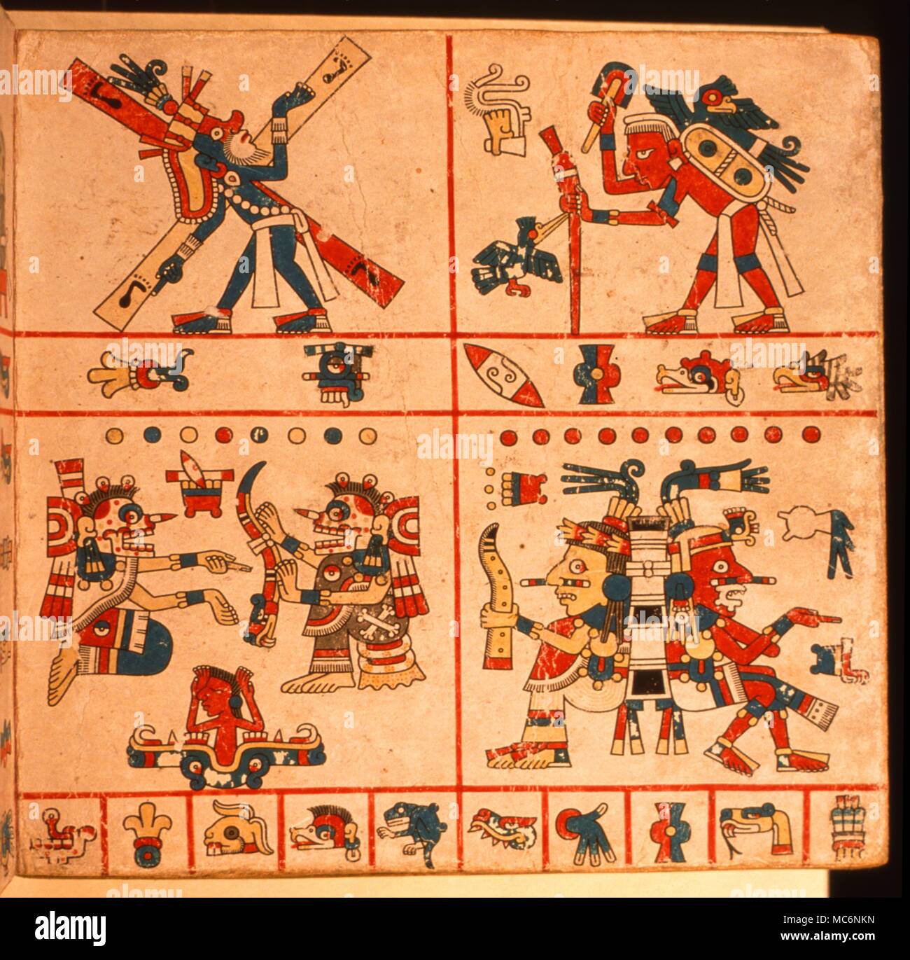 Yacaltecuhtli is the patron of merchants, depicted here [top left] carrying he corss-raod with merchants' foot prints upon them. This cross is similar to that used by the Aztecs for sighting the settng and rising of stars and luminaries. Yacatecuhtli or Yiacatecuhtli was the patron god of commerce and travelers, especially merchant travelers. His symbol is a bundle of staves. Stock Photo