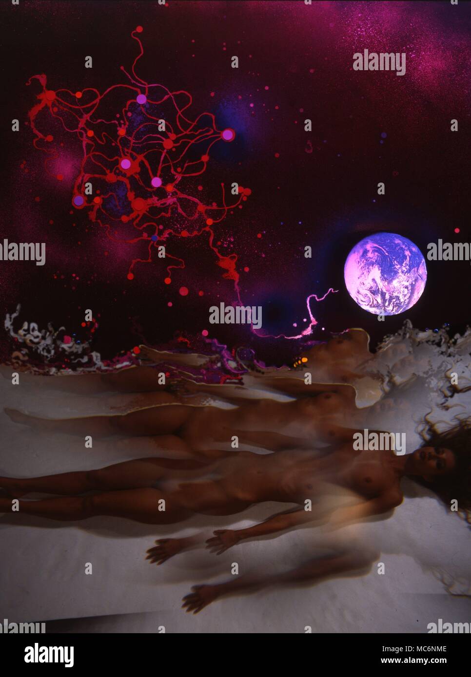 ASTRAL - DREAMS - SLEEP - Image of the body during sleep, floating in the astral world Occult view of the experience of the astral world during sleep, with the physical body separated from the astral body, which is free to return to its own domain. Stock Photo