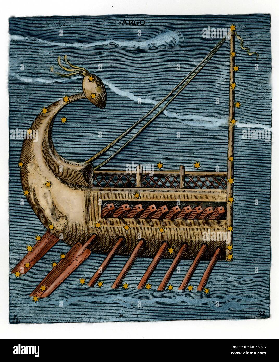 The constellation Argo Navis, from a seventeenth century hand-coloured engraving based on the ninth century Aratus manuscript in Leiden. Aratus was born ab out 315 BC in Soli. It was int he Argo that Jason, aided b y Pallas Athene, set out with fifty companions [the Argonauts] in search of the Golden Fleece. Stock Photo
