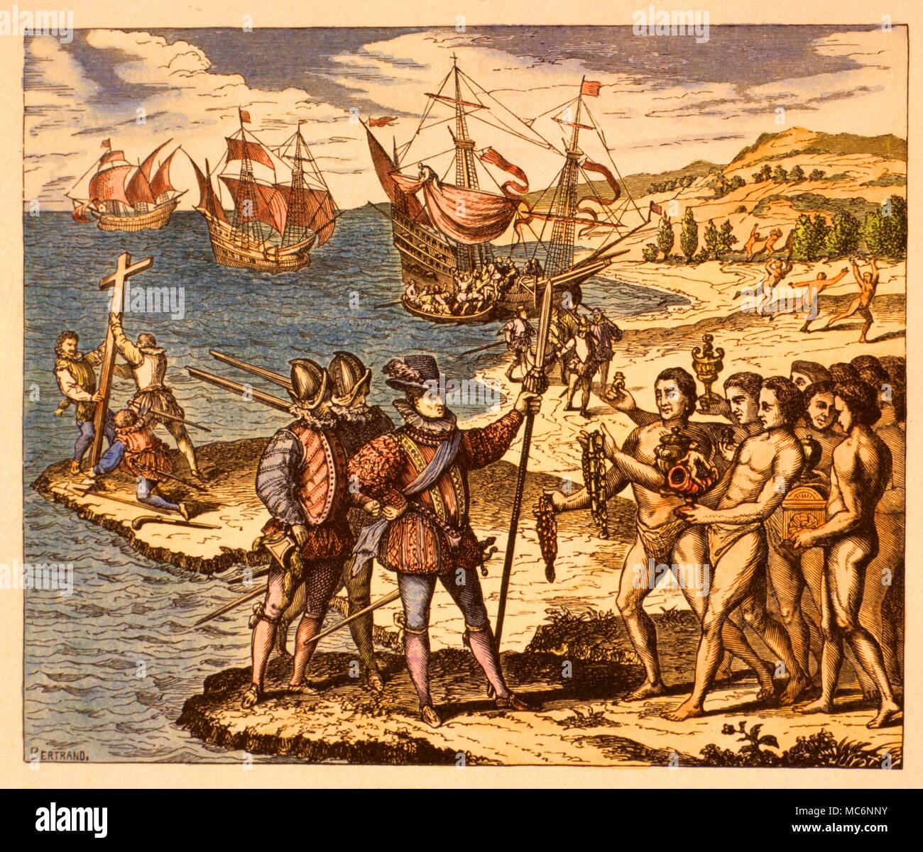 Coloured engraving by Bertrand, after the engraving by Theodore de Bry, 1612 .