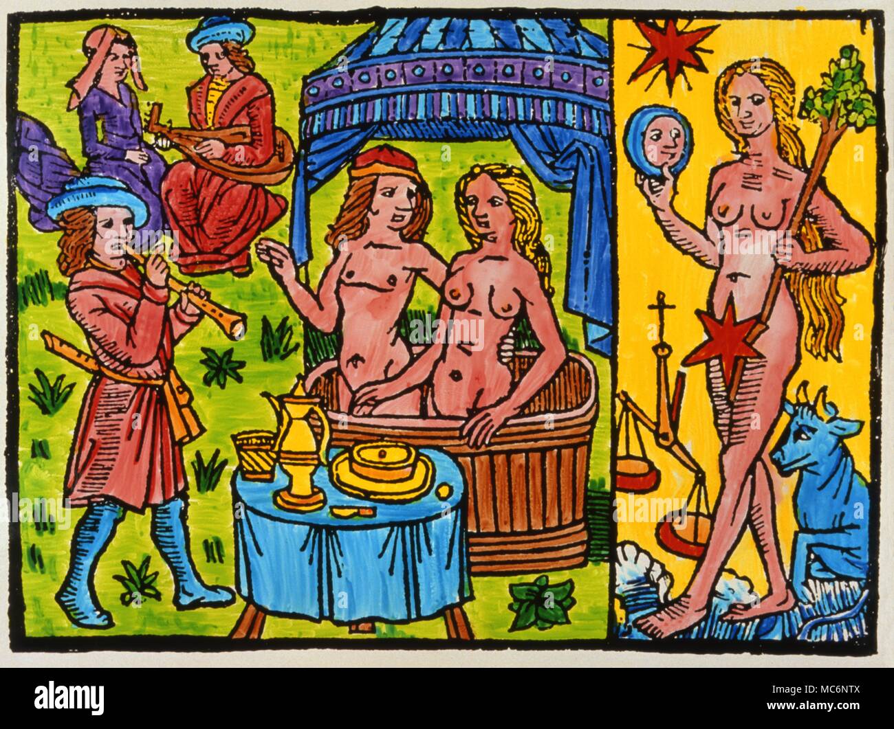 Sixteenth century woodcut [hand-coloured] of Venus with the activities over which she has rule, along with her two signs - Libra and Taurus. PLANETS - VENUS - 16TH CENTURY WOODCUT OF VENUS AND HER CHILDREN Stock Photo