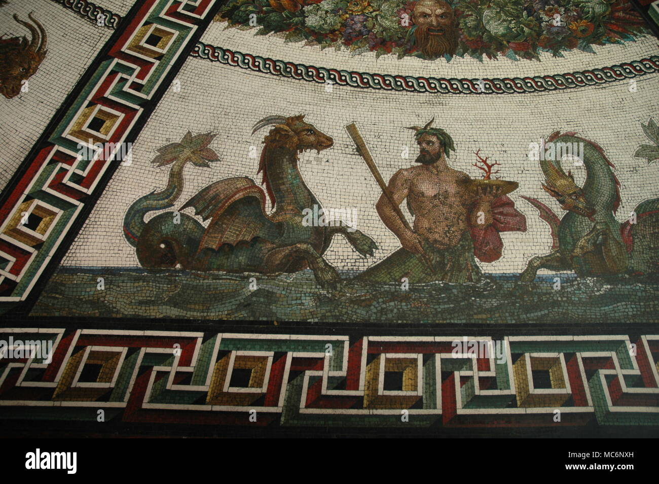 Merman and Hippocampus - detail of floor mosaic in the Hermitage, Saint Petersburg. Stock Photo