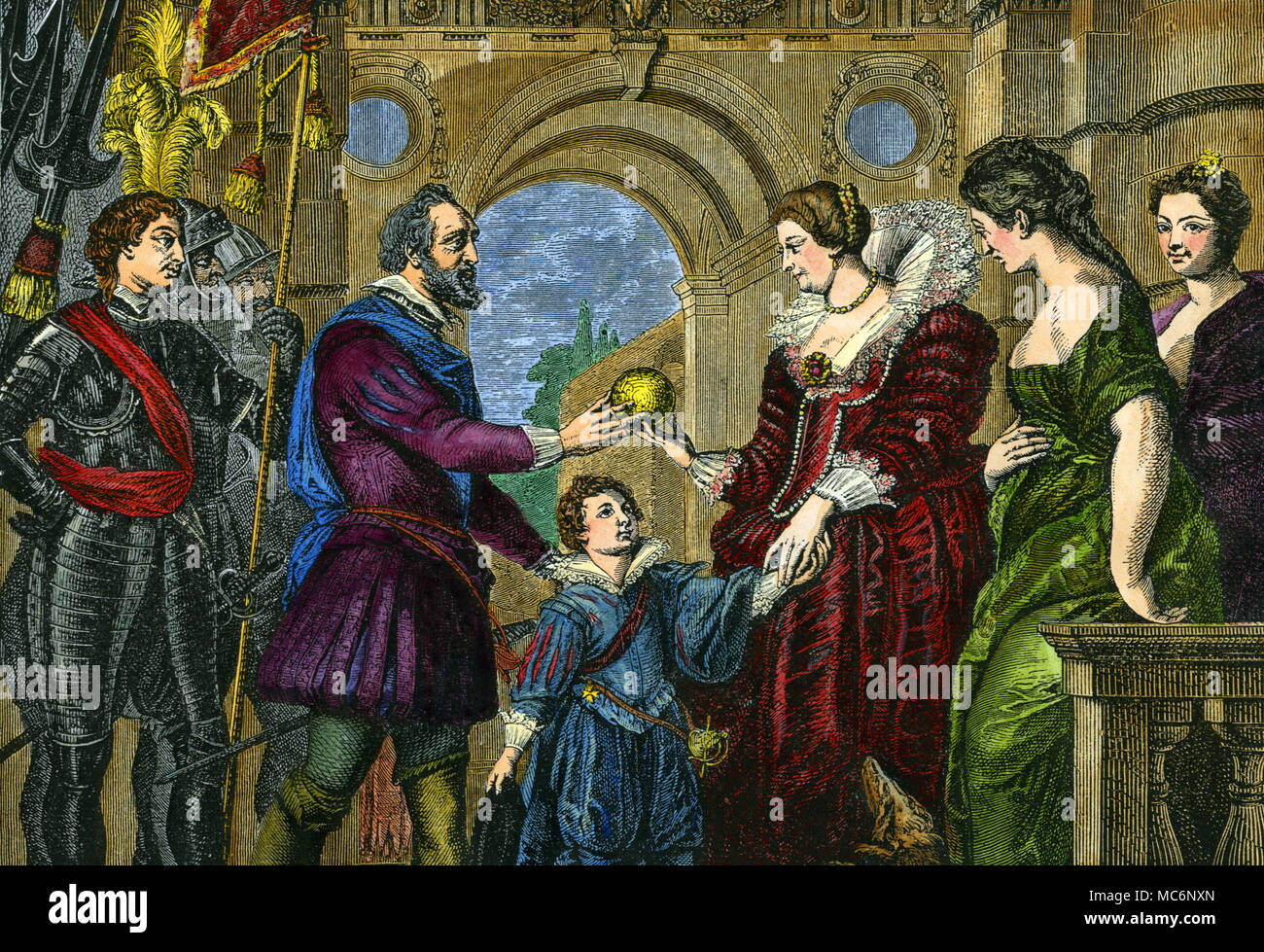 Henri IV of France confiding the government of France to his wife, Marie de Medicis. As a child, Henri had met Nostradamus: he was the subject of a number of the Seer's prophetic quatrains. This engraving is after a painting by Rubens, in the Louvre. Stock Photo