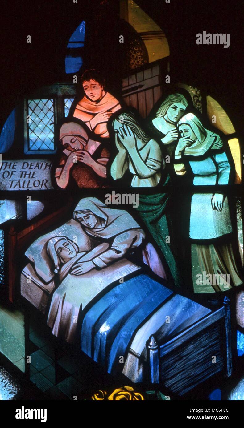 DEATH - Man dying of the plague. Detail of the Mompasson memorial window in the parish church at Eyam, which depicts the development of the plague of 1665-66 in which the villagers remained in willing isolation and met their deaths calmly Stock Photo
