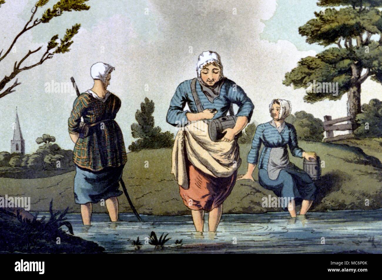 Medical Leech Gatherers Leach finders paddling in leech pools to allow the leeches to attach themselves to their legs Lithograph of 1885 from the Costume of Yorkshire by Geoffrey Walker Stock Photo