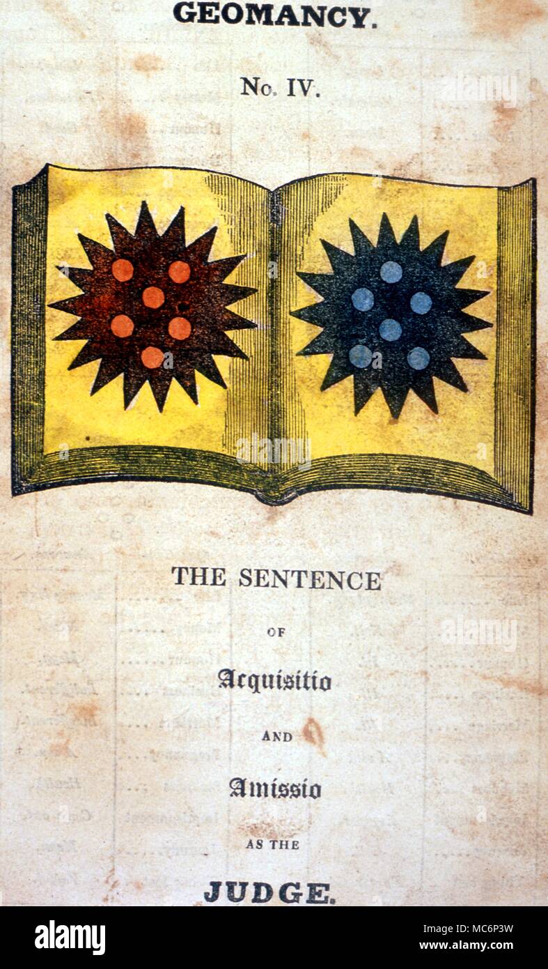 Decorative page from a book on the divinatory method of Geomancy. The four lined pattern to the left is called Asquisitio (or 'gain') while that to the right is called Amissio, (or 'loss'). There are sixteen such geomantic figures. 2004 Charles Walker / Stock Photo
