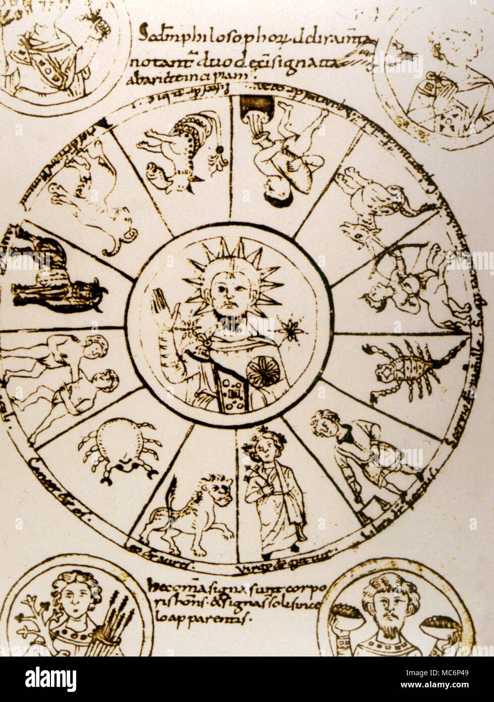 Medieval copy of a classical design, showing the zodiac with written accent of 'zodiacal man'. Tenth century, based on the mss Lat 7028 in Bib. Nat. Paris 2004 Charles Walker / Stock Photo