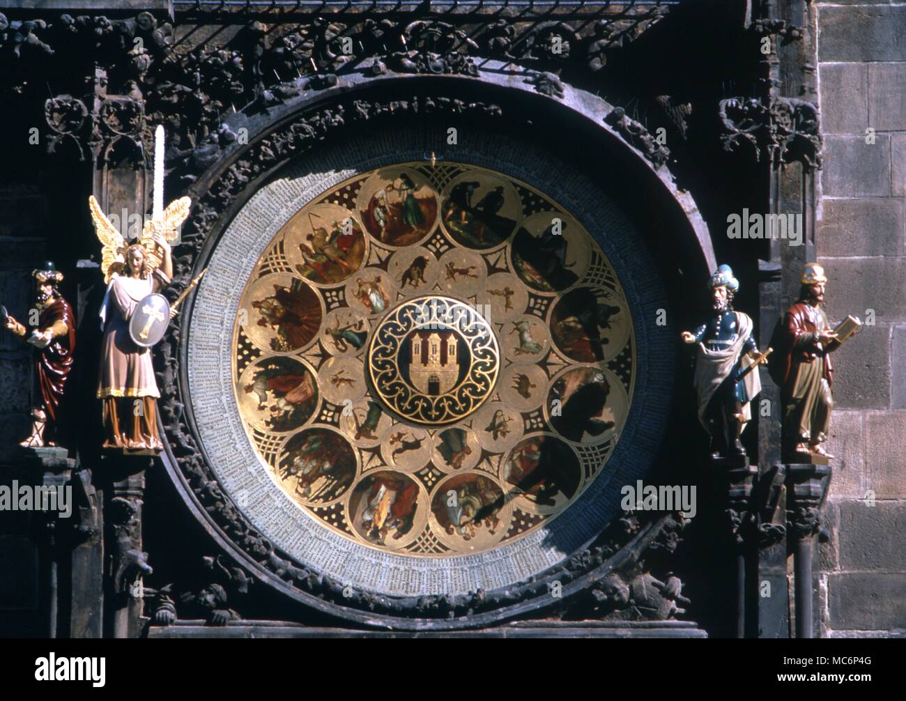 The lower zodiac, with the twelve signs as images, and the central boss an image of Jerusalem, form the great astronomical clock of the Old Town Hall, Prague. Originally, late 15th century. 2004 Charles Walker / Stock Photo