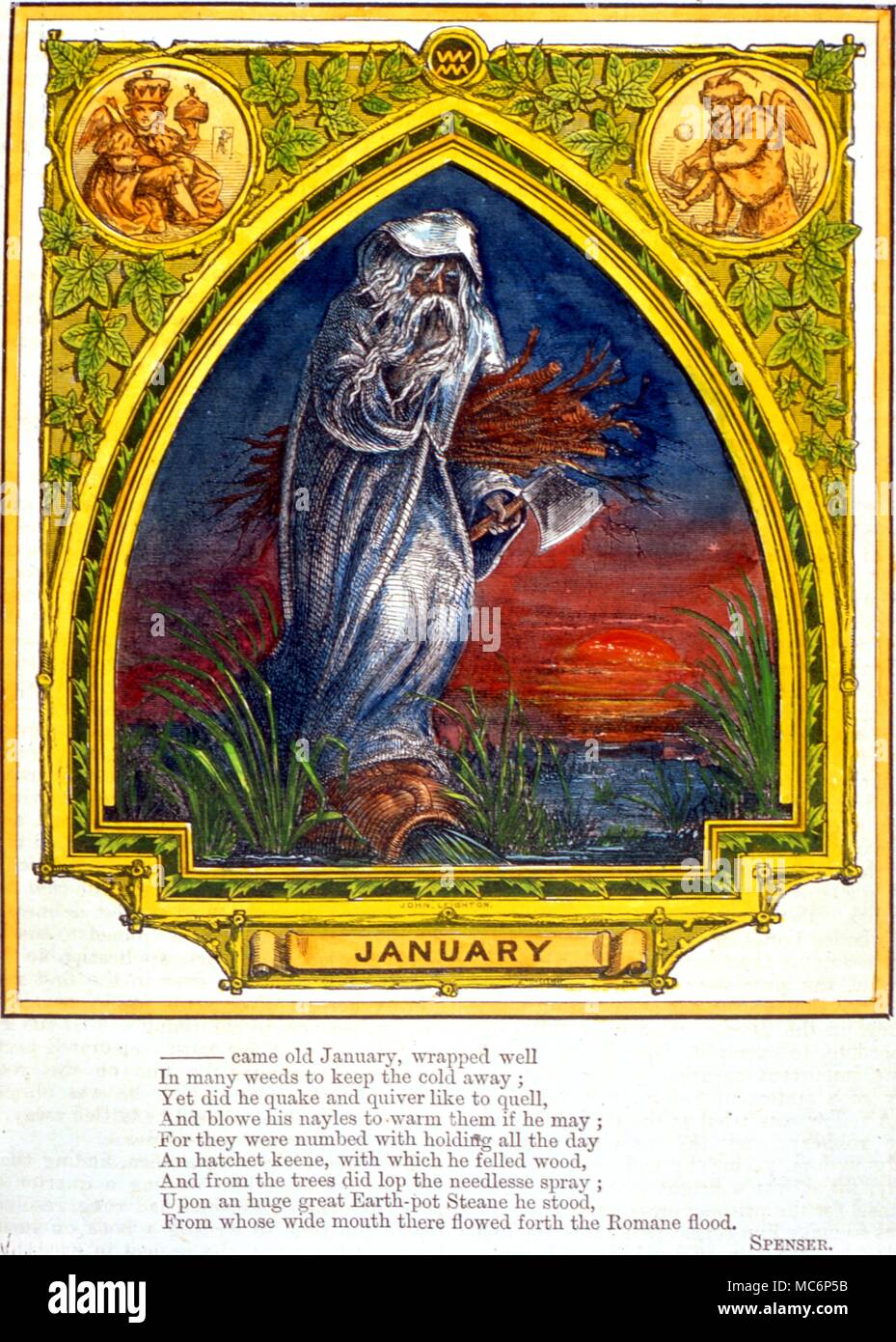 The month of January, with the associated sign, Aquarius. From 'Chambers Year Book', 1865. Charles Walker / Stock Photo