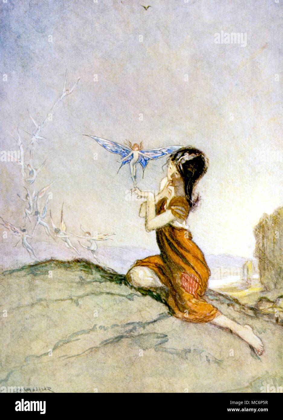 FAIRY TALES - COTTINGLEY FAIRIES. The colour plate illustration by Claude A Shepperson, to Alfred Noyes, 'A Spell for a Fairy'. One of the original drawings (and indeed the original theme, on how to make fairies visible) which were used by the children of Cottingley to produce their fairy photos Stock Photo