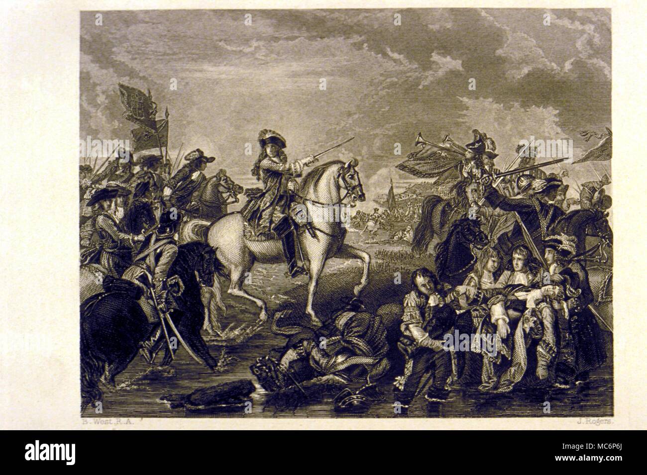 HISTORY - BRITISH The Battle of the Boyne. Steel engraving by Rogers, after the painting by Benjamin West, c. 1855. Stock Photo