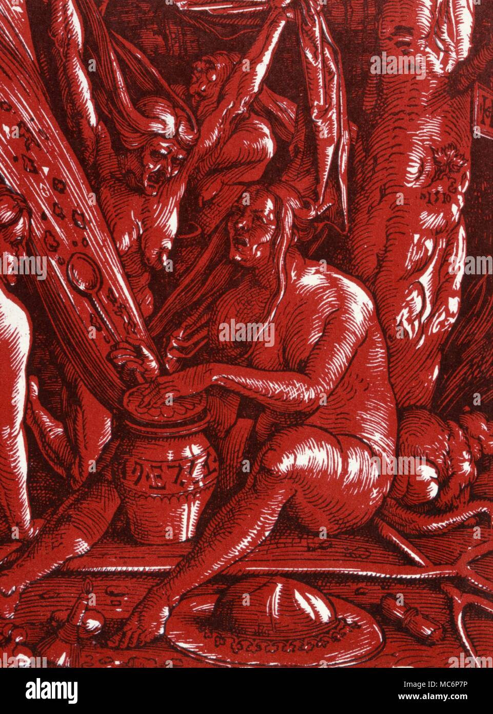 Witches making spells, probably to raise winds. Detail from a two-block woodprint by Hans Baldung Grien, 1510. Note the demonic head drawn above the date, marked on the tree. Stock Photo