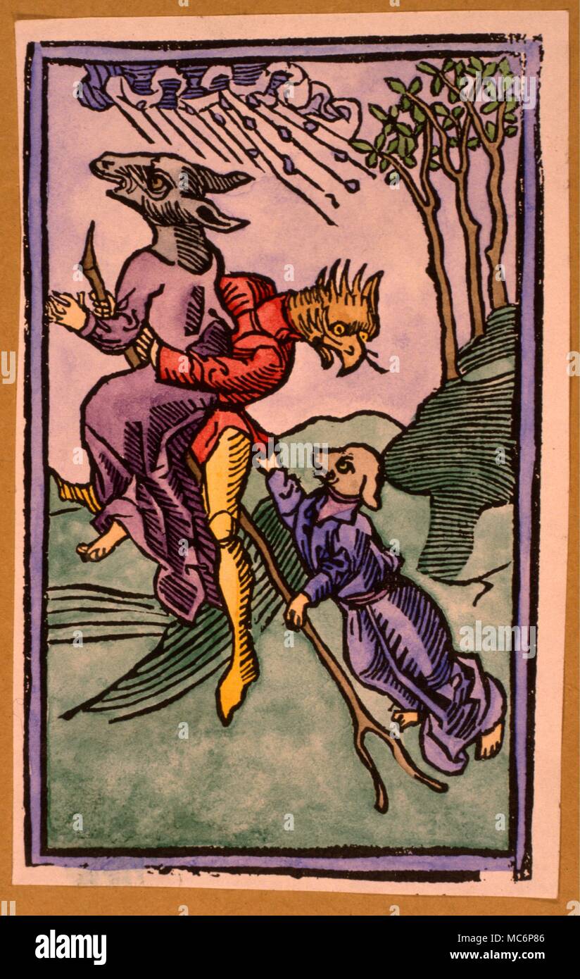 Three witches transformed so as to have the heads of monsters, transvecting through the air. From Ulrich Molitor, 'De Lamiis et Pythonicis et Mulieribus', c. 1489. Stock Photo