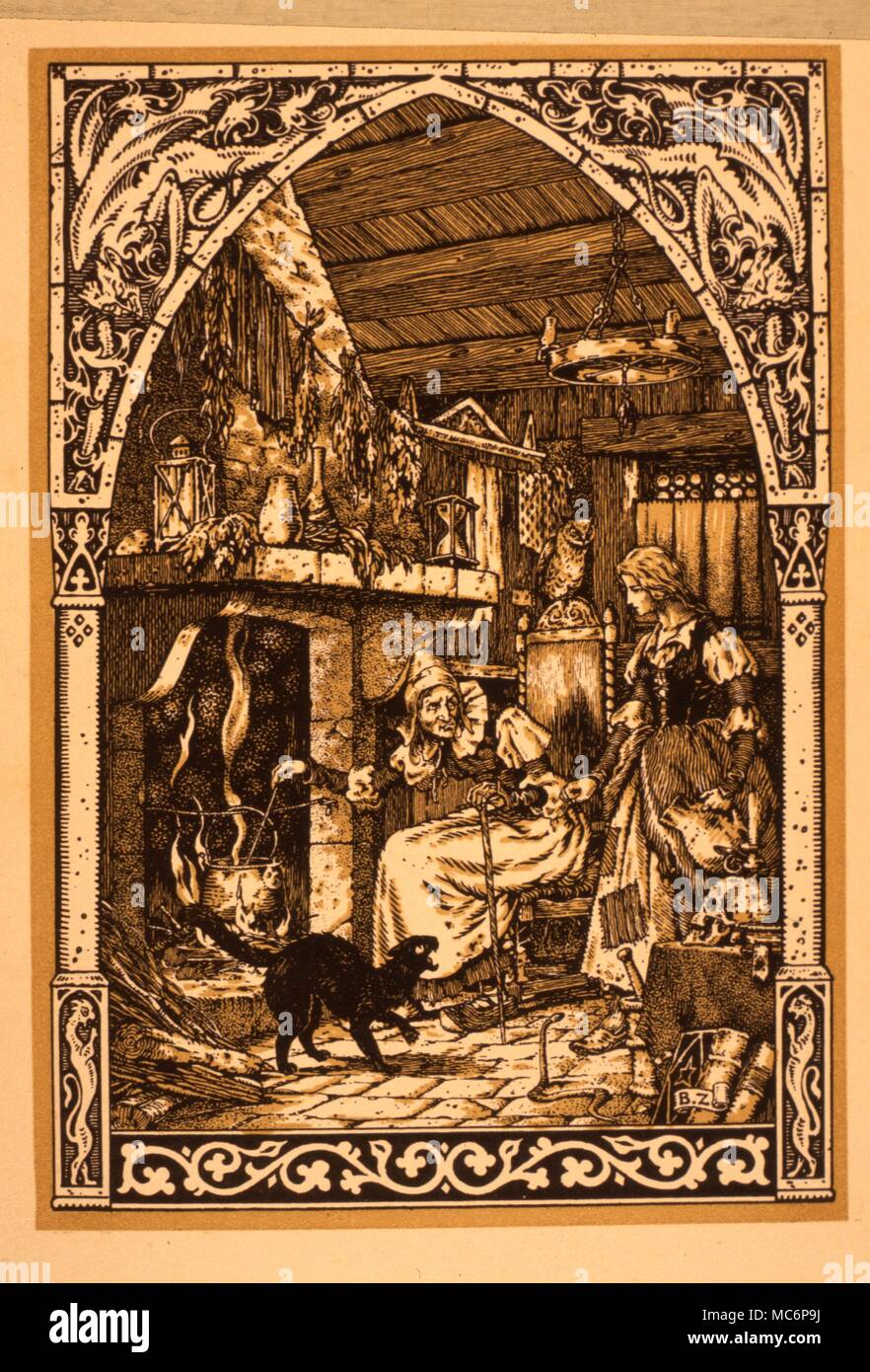 With with traditional black cat and cauldron ont he fire. Note the owl on the back of the chair, and the obligatory skull. Lithograph from the 1926 edition of Carron's 'La Vie Execrable de Guillemette Babin.' Stock Photo
