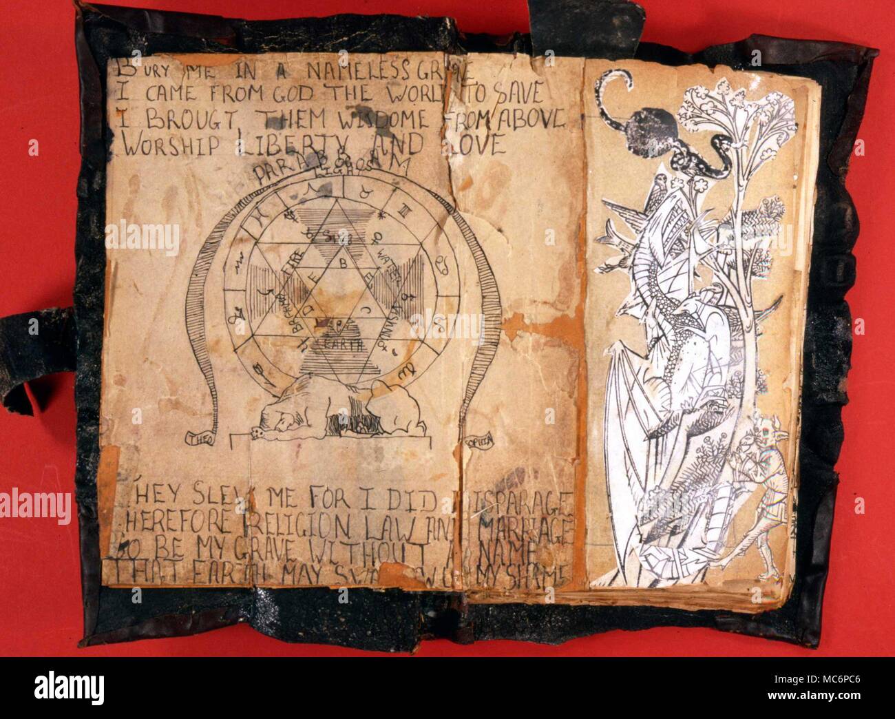 Wiccan grimoire - early twentieth century. Frontispiece to a wiccan grimoire of the Aradia type, bound in black leather. The book contains a record of spells and conjurations. Stock Photo