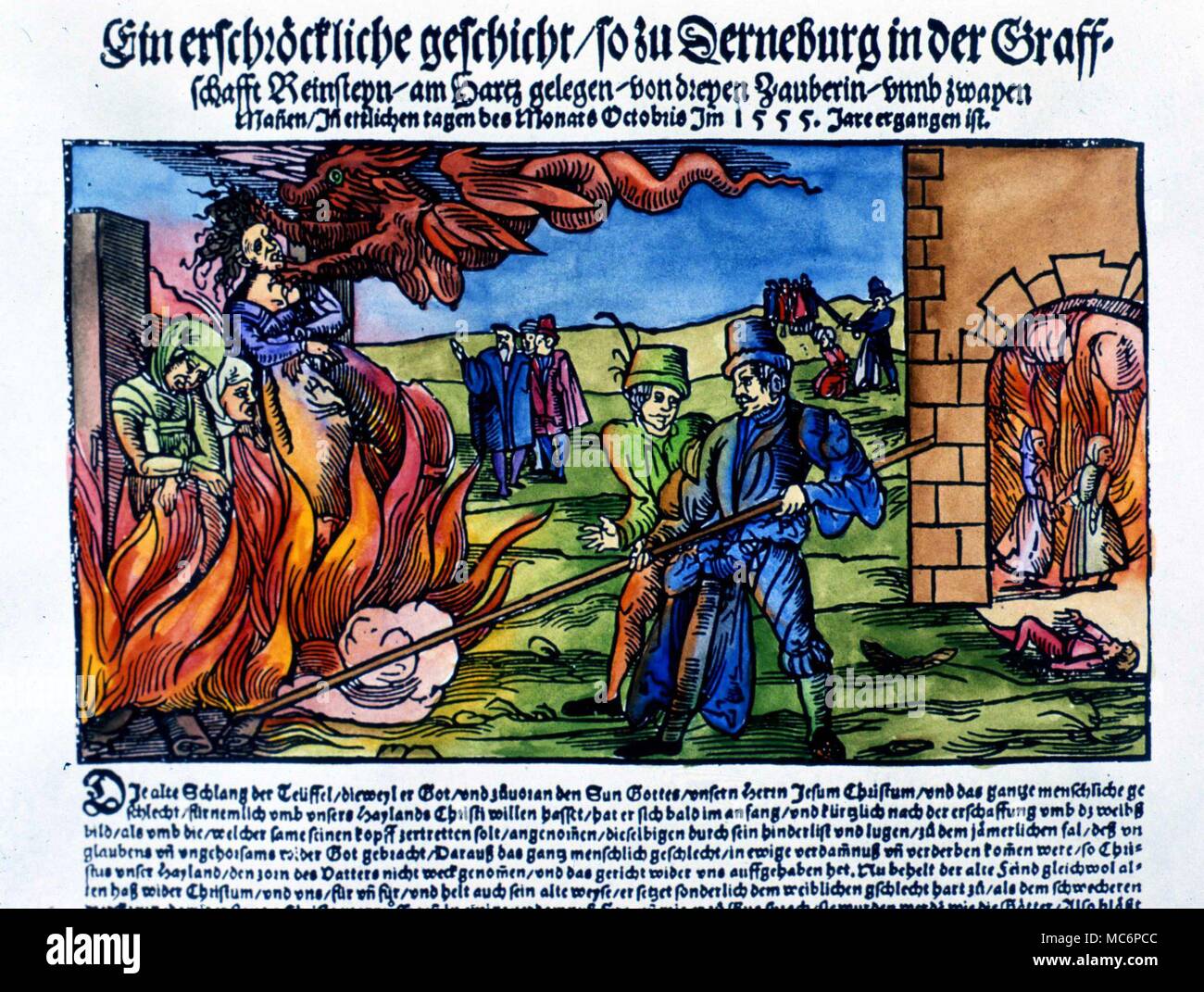 Witches being burned, with a demon pulling their souls from their bodies. The event depicted took place in October 1555 at Derneburg [Germany]. After a contemporaneous broadsheet. Stock Photo