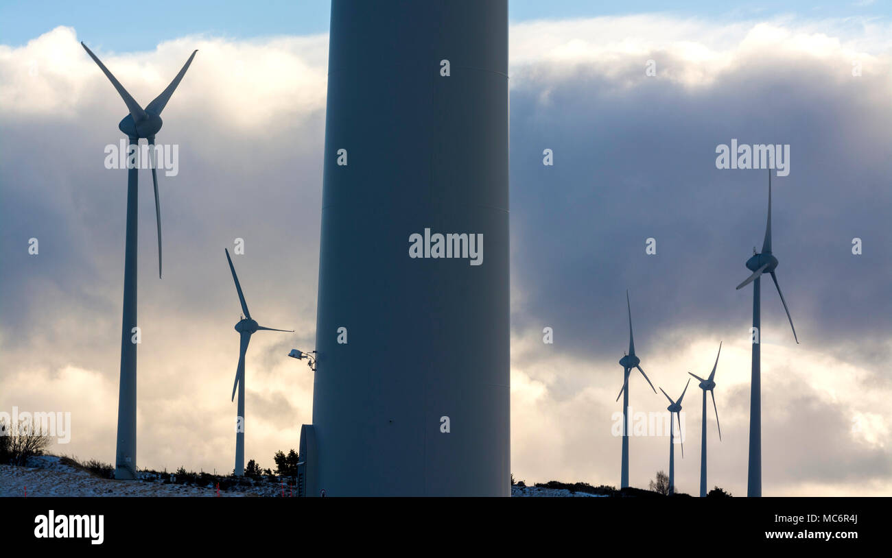Wind turbines of the Cezallier windfarm, Puy de Dome, Auvergne, France Stock Photo