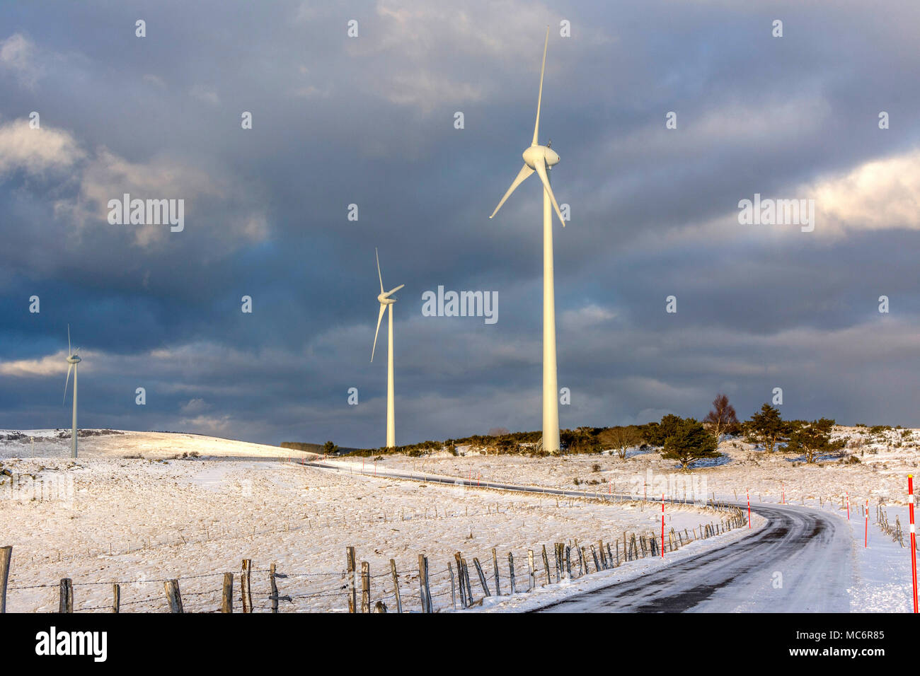 Wind turbines of the Cezallier windfarm, Puy de Dome, Auvergne, France Stock Photo