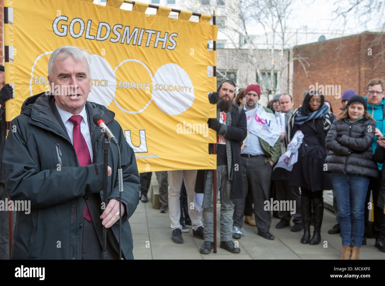 London, UK. 22nd February 2018. Shadow Chancellor John McDonnell MP speaks at the UCU pensions strike picket line Goldsmiths London University. Stock Photo