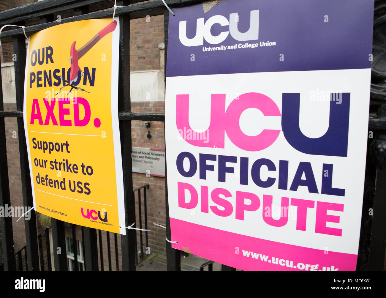 UCU Official dispute banner on railings Stock Photo Alamy