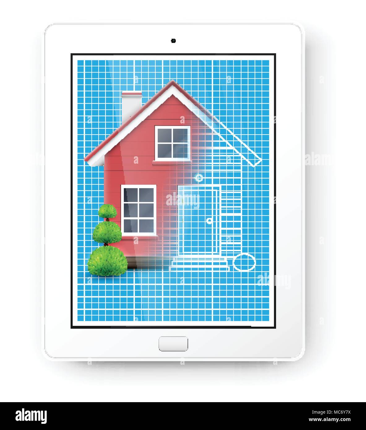 Realistic house with a blueprint on a tablet, vector Stock Vector