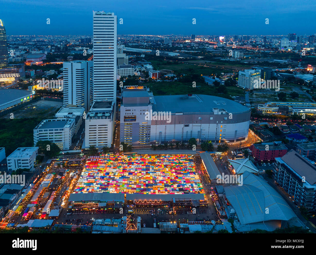 Multicolour Rod Fai night Market aerial view located in Ratchada area of Bangkok, Thailand Stock Photo