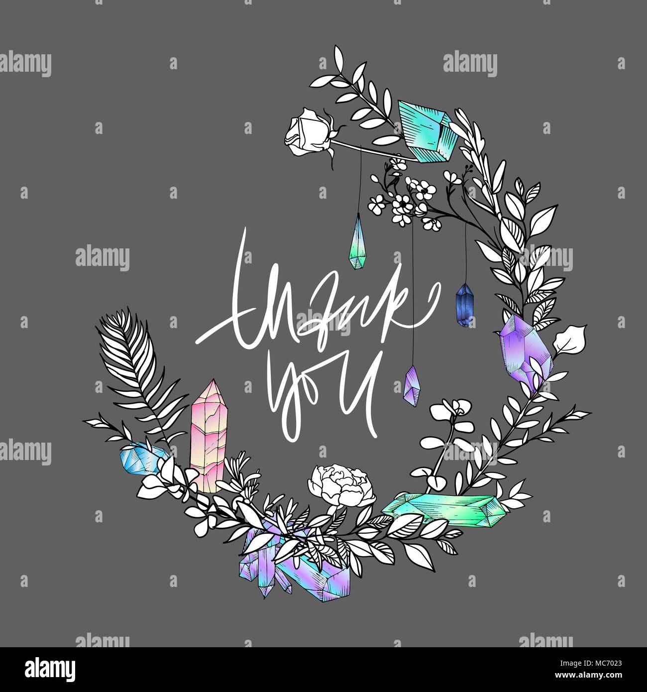 Thank you card. Thankee! Hand drawn boho sketch. Gems, flowers and feathers. Vector illustration. Phrase. Quote. Sketch wreath. Stock Vector