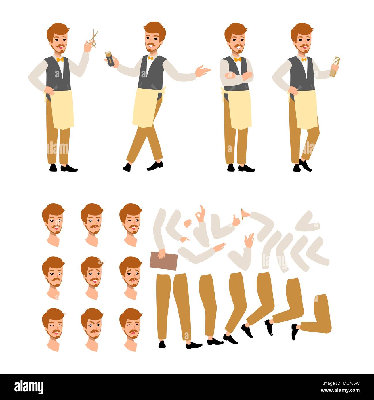 Set of vector flat style character barber guy in different static poses ...