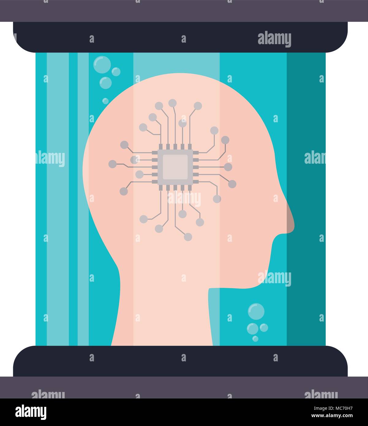 head profile human with processor in futuristic glass bottle vector illustration Stock Vector
